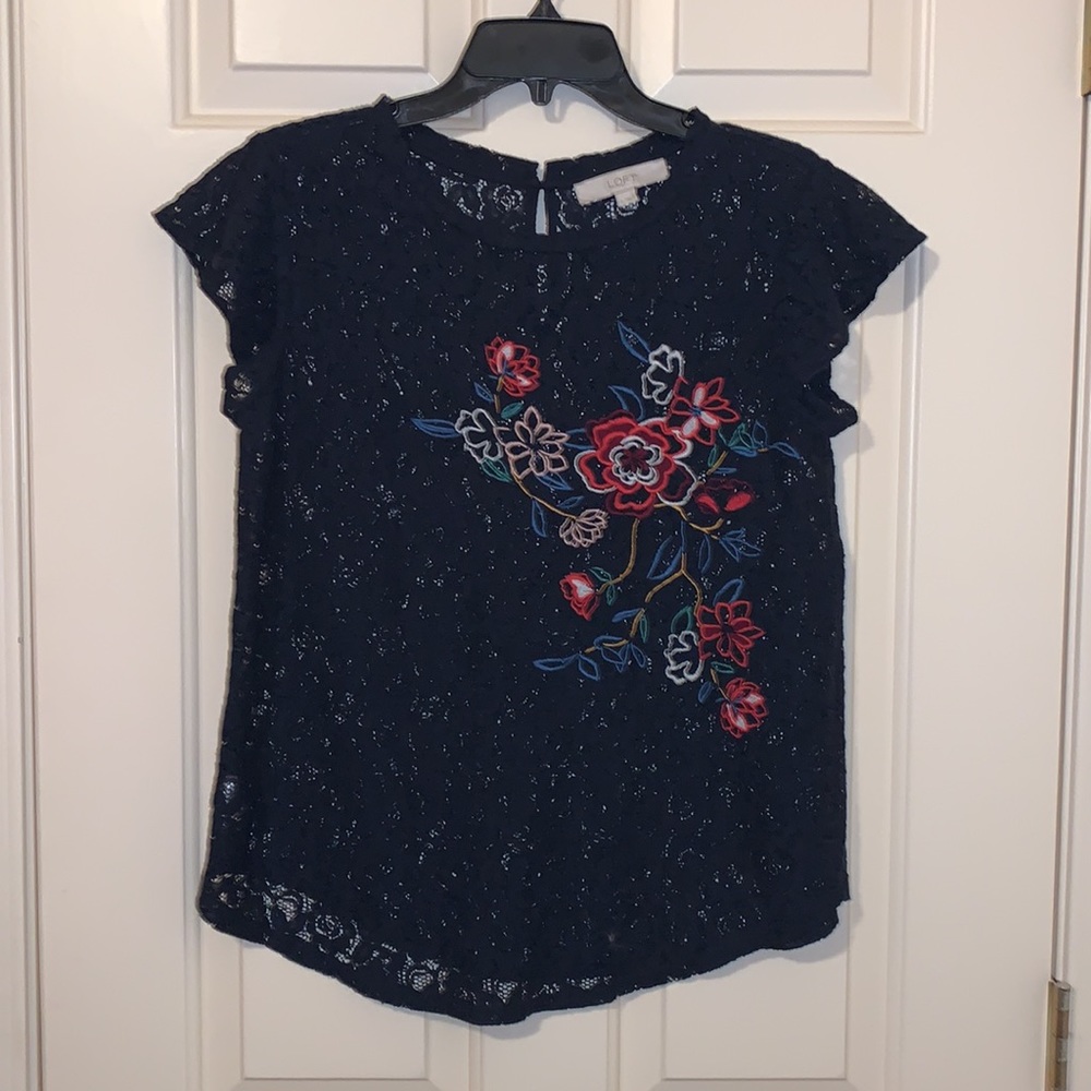 Loft small floral embroidered lace navy blue top